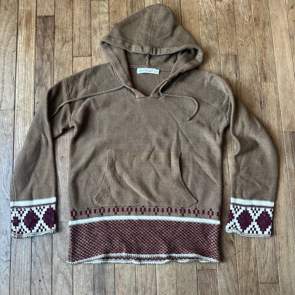 Indie Boho Brown Aztec Fair Isle Knit Wool Blend Hoodie Sweater‎ M Womens